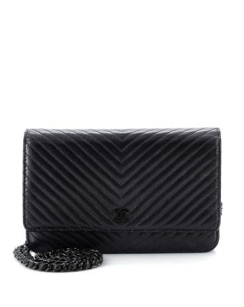 So Black Wallet on Chain Chevron Lambskin